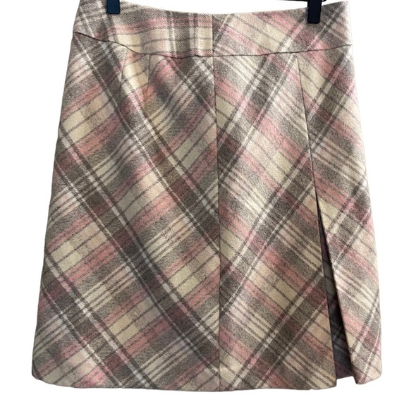 𝅺LOFT Wool Blend Skirt Pink and Gray Plaid Pleated Size 2 Lined Zip Up Back - Picture 1 of 6